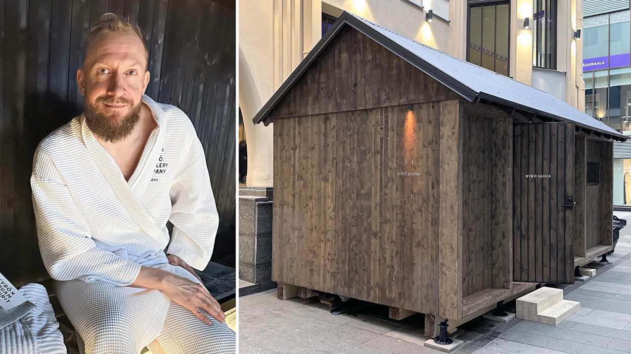 Kyrön markkinointijohtaja Mikko Koskinen otti ensimmäitä vieraita vastaan kylpytakissa.