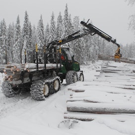 Metsähallituksen puita lastattiin talvitien varteen eilen Rovaniemen Perunkavaarassa.