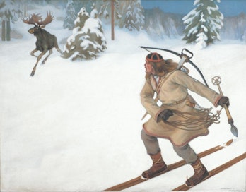 Väinö Hämäläisen Hiiden hirven hiihdossa (1902) taiteilija on kuvannut dramaattisen kohtaamisen.