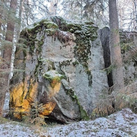 Metsän reunalla sijaitsee siirtokivilohkare, joka paikkakunnalla tunnetaan Rojukivenä.
