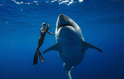 Sukeltaja Ocean Ramsey ui valkohain rinnalla Havaijin edustalla. LEHTIKUVA/AFP