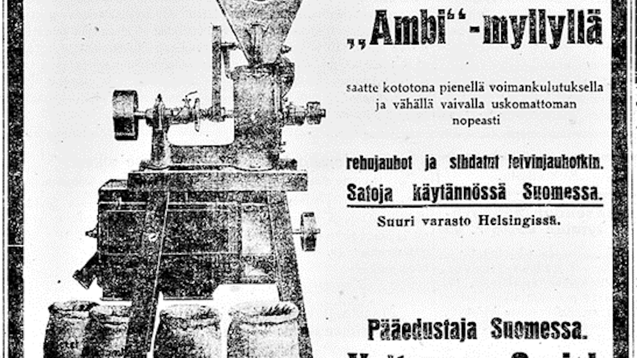 Maaseudun Tulevaisuudessa mainostettiin sata vuotta sitten kotikäyttöistä myllyä, jolla sai jauhettua muun muassa rehujauhot ja sihdatut leivinjauhot.