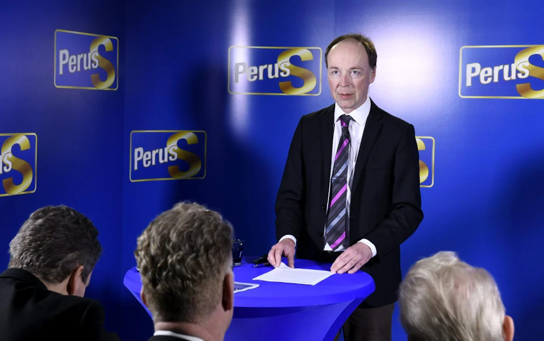 Perussuomalaisten puheenjohtaja Jussi Halla-aho kertoi puolueen ilmastopoliittisista linjauksista tiedotustilaisuudessa. LEHTIKUVA / Heikki Saukkomaa