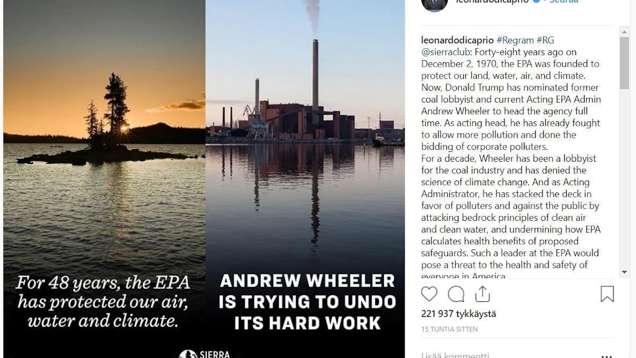 Instagram-päivityksessä oli yhdistetty kaksi kuvaa, joista toinen on Hanasaaren kivihiilivoimalasta.