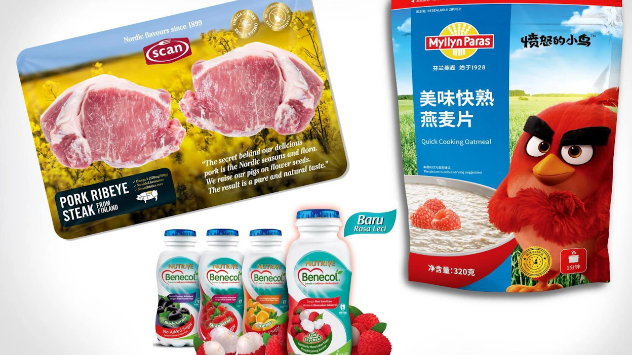 Esimerkkejä harvoista Aasiaan kuluttajille suunnatuista tuotteista. HK Scan vie antibiootitonta sianlihaa Hong Kongiin. Angry Birds kaurahiutaleet lanseerattiin samoihin aikoihin elokuvan ilmestymisen kanssa. Benecolia myydään lisenssillä Indonesiassa.