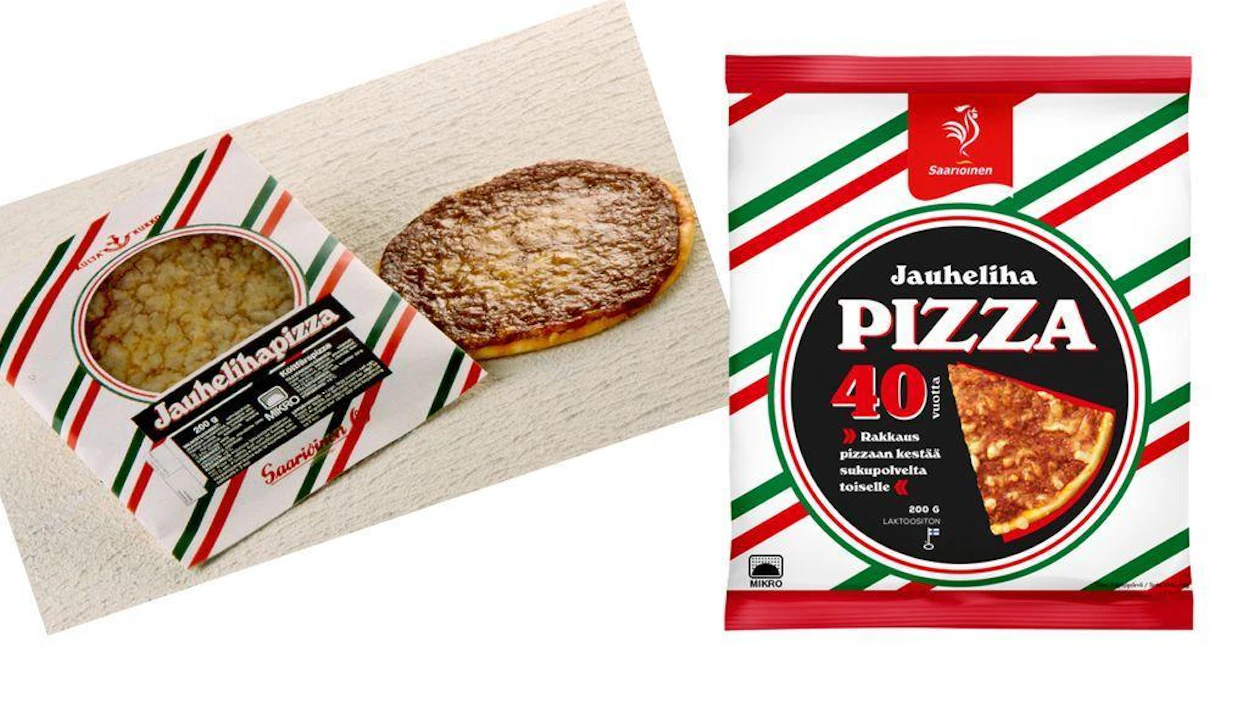 Tältä Saarioisten pizzat näyttivät tullessaan markkinoille 1980-luvulla. Saarioinen on pukenut osan jauhelihapizzoistaan retrokuosiin juhlavuoden kunniaksi.