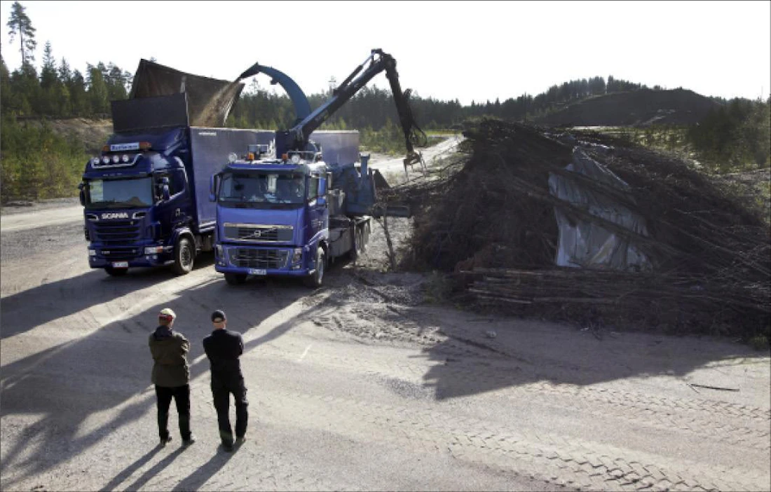 Soramonttua Siilinjärven Alapitkällä laajennettiin viime keväänä. Montun puut oli hakattu jo kesällä 2011. Hakkurikuski Jarmo Soininen paloittelee tavaraa. Jaana Kankaanpää