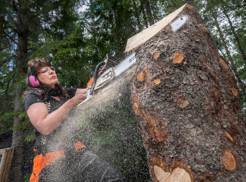Purua ja puunkappaletta sinkoilee ilmassa, kun Ulla Haglund veistää karhua. ”Tuoretta puuta on helpompi veistää kuin kuiva puuta. Toisaalta tuoreempi puu halkeilee helpommin.”