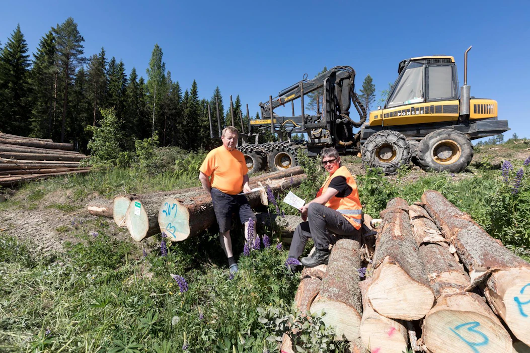 "Kivikoissa saa olla telojen kanssa tarkkana, ettei kipinöistä syty palo", koneyrittäjä Heikki Mustalahti (vas.) sanoo. Mustalahti ja Metsä Groupin operaatioesimies Heikki Tenkilä pitivät työmaapalaveria Ikaalisissa viime torstaina.