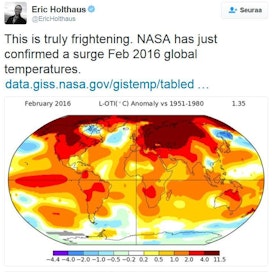 Meteorologi ja Wall Street Journalin entinen kolumnisti Eric Holthaus twiittasi NASA:n havainnoista, joiden mukaan maapallon helmikuun keskilämpötila oli reippaasti keskiarvojen yläpuolella.