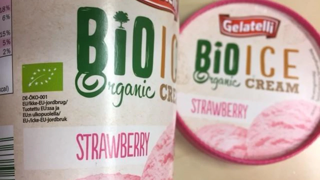 Gelatelli-luomujäätelön ainesosaluettelon lopussa on tieto, että tuote on valmistettu Saksassa.