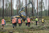 Juhlasavotan ohjelmassa Alajärvellä oli lukuisia hakkuunäytöksiä. Kuljettaja pysäytti välillä koneen, jotta hakkuujälkeen päästiin perehtymään kunnolla.