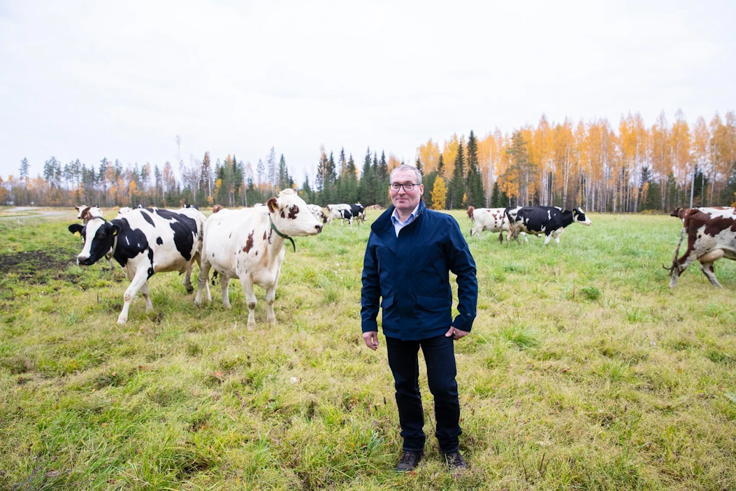 Korkiakosken tilan lehmät ovat kesäisin laitumella. Laidunkauden ulkopuolella ne ulkoilevat muutaman kerran viikossa. Jari Ahlholm on tilan viides isäntä.