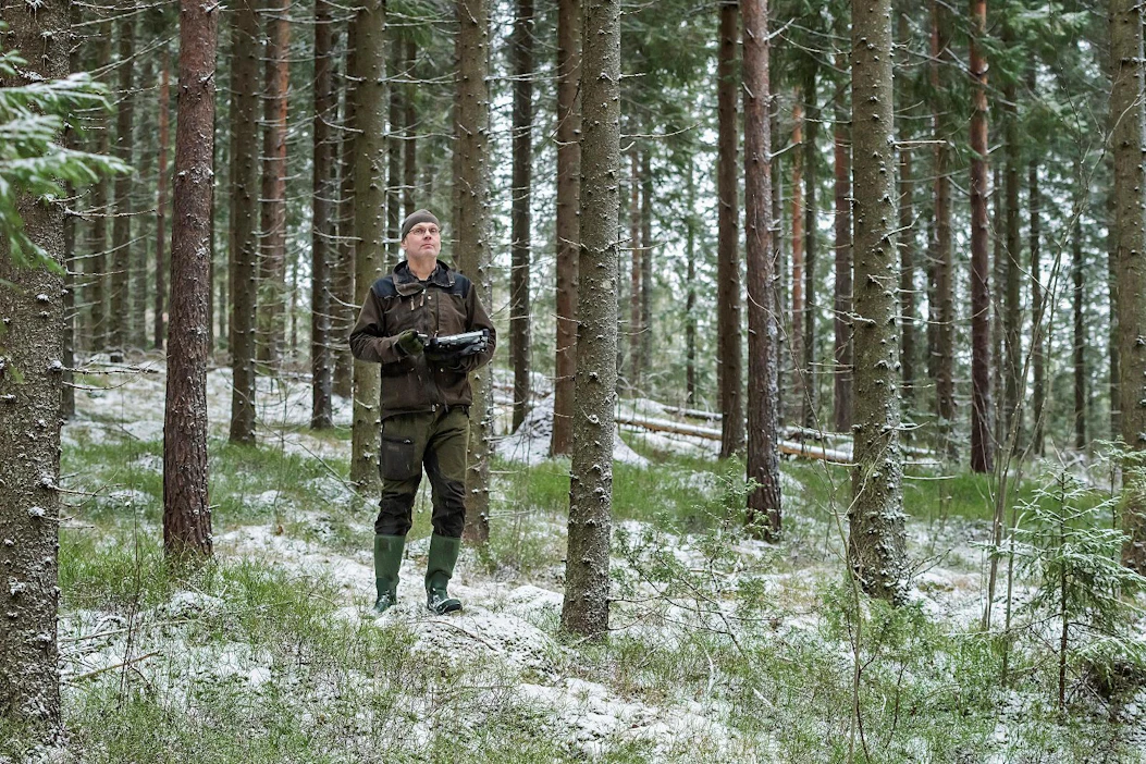 Soinin metsänhoitoyhdistyksen toiminnanjohtaja Antti Laakso silmäili joulukuisena perjantaina kuusikkoa Soinin Kukonkylässä. Laakso laatii 55-vuotiaaseen metsään puunmyyntisuunnitelman.