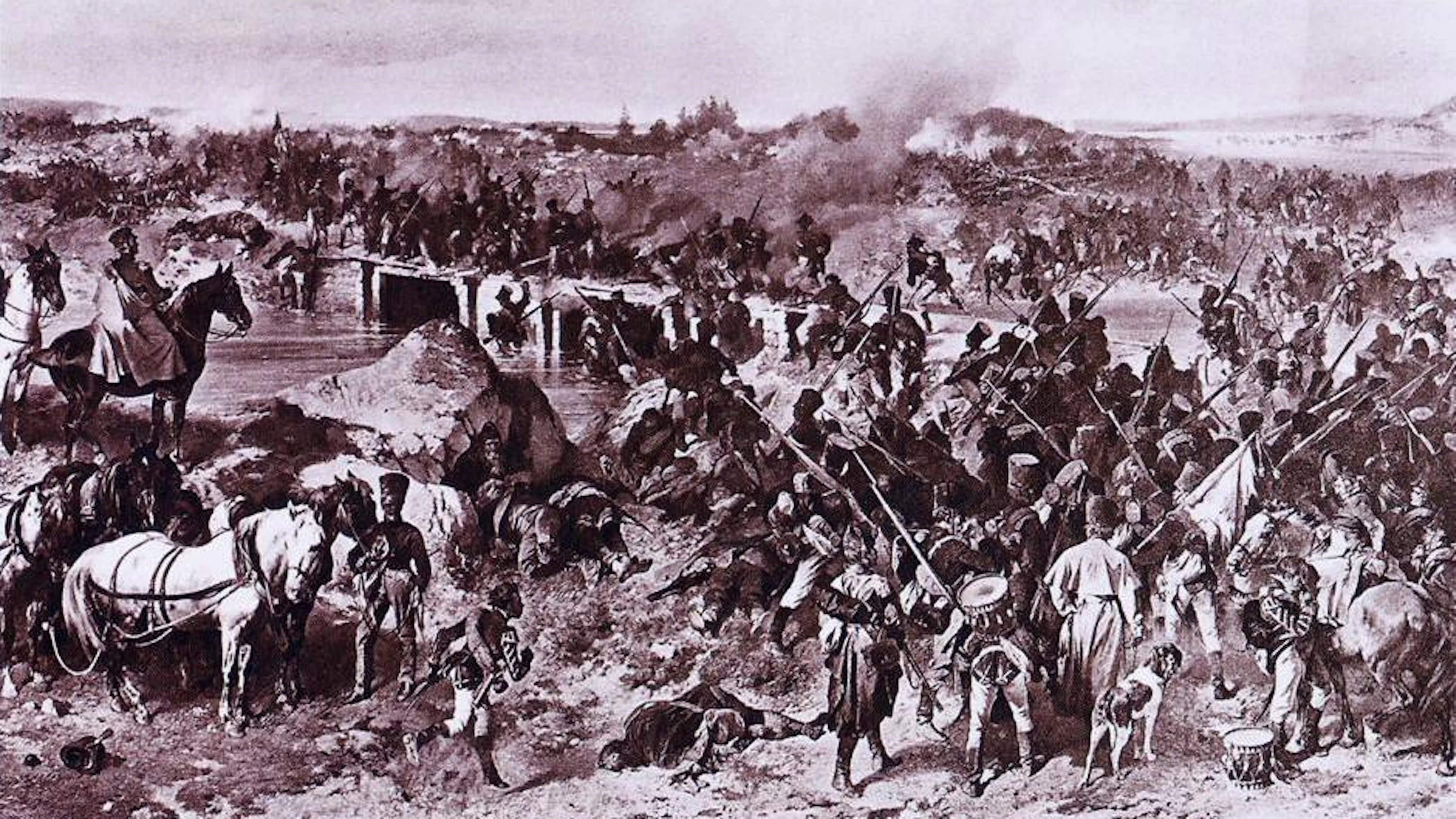Venäläisen hovimaalarin Alexander von Kotzebuen vuonna 1873 maalaama näkemys Karstulan taistelusta unohtaa, että suomalaiset olivat tuhonneet sillan ja rynnäkkö oli mahdoton.