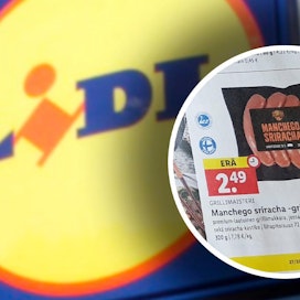 Lidlin mainoslehdessä mainostettiin makkaraa, jonka lihan alkuperämaa on Saksa, Hyvää Suomesta -merkin kanssa.