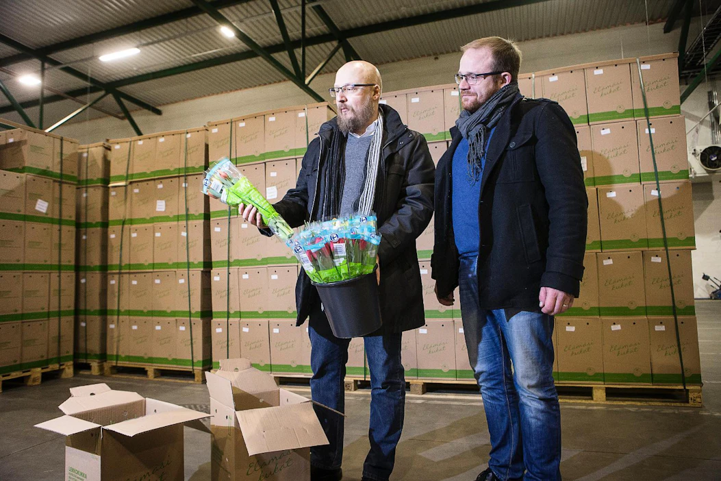 Kotimaisten tuoretuotteiden, kuten leikkokukkien, osuus valikoimista on vuosi vuodelta kasvanut, kertoo hedelmä- ja vihannesostoista vastaava Arttu Syrjänen (vas.) Vieressä seisoo Turengin jakelukeskuksen logistiikkapäällikkö Toni Pigg.