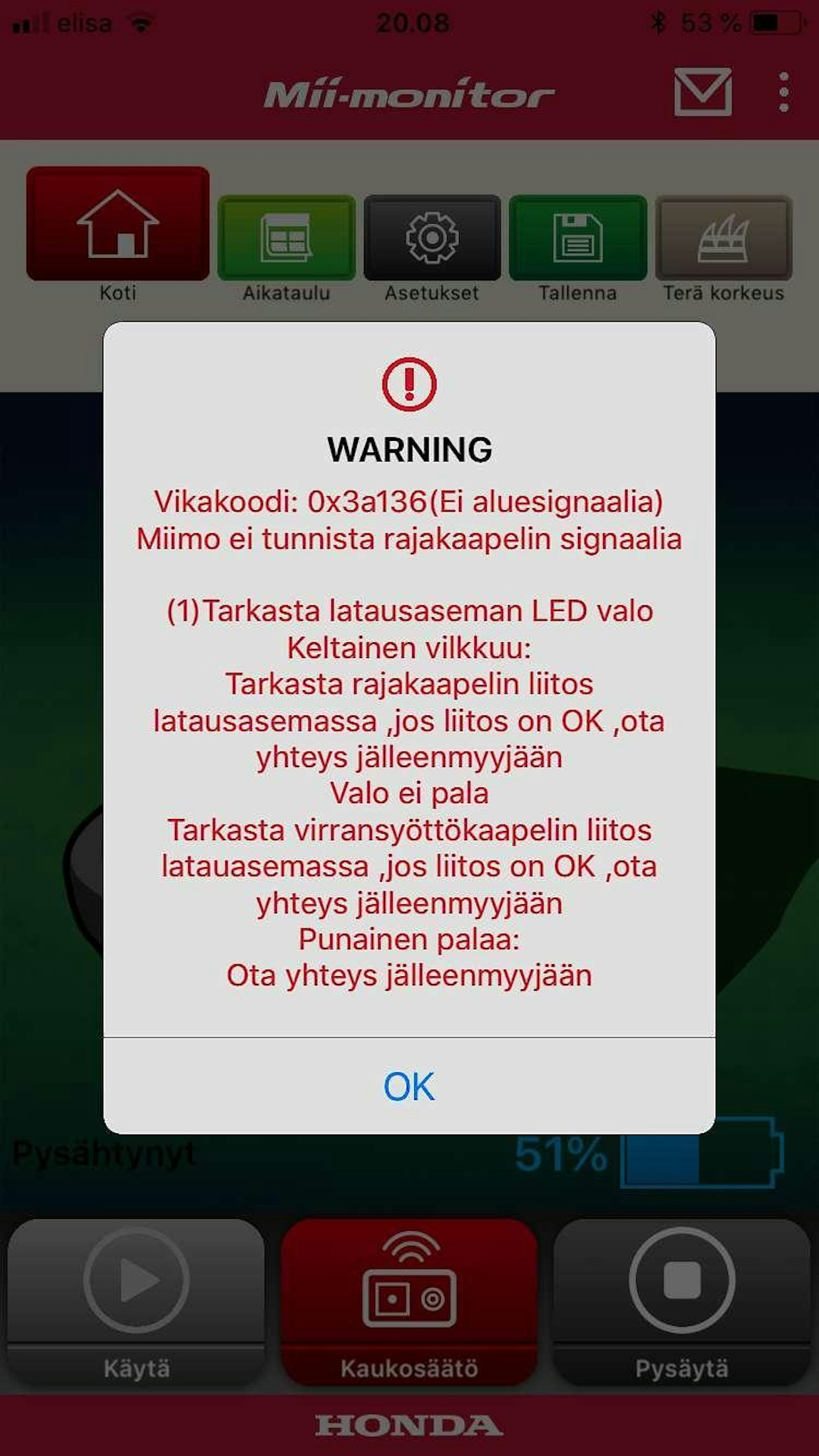 Hondan mobiilisovellus on selkeä, mutta esimerkiksi katkenneen langan hälytyksen sai testileikkurissa matkapuhelimeen vain bluetooth-yhteyden kantaman päähän kävelemällä.
