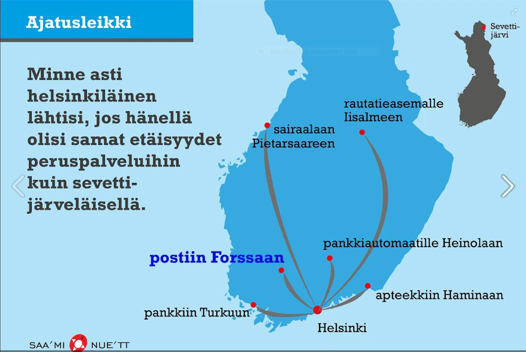 Jos Helsinki olisi palveluiltaan Sevettijärven tasolla, lähin sairaala sijaitsisi Pietarsaaressa. MT ei ole tarkistanut etäisyyksien paikkansapitävyyttä.