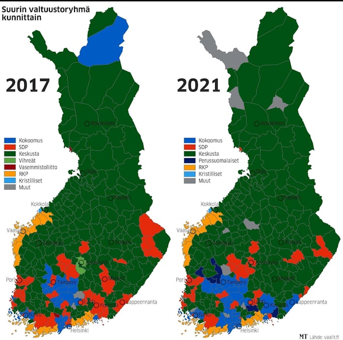 Suomen kartta on edelleen keskustanvihreä – kokoomus otti komentoonsa  etelän suuret kaupungit - Uutiset - Maaseudun Tulevaisuus