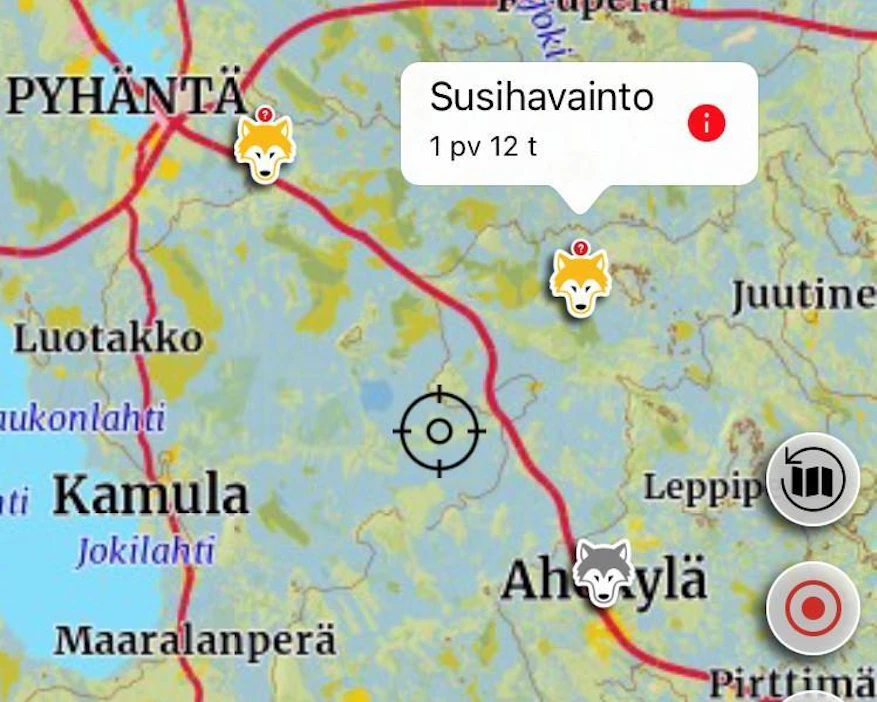 Havainto näkyy susivaroituksena eri värein sen mukaan, kuinka tuoreesta ja vahvasta havainnosta on kysymys.