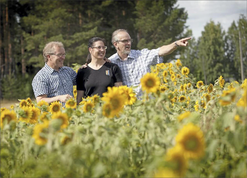 Maanviljelijä Pentti Kuokkanen, yritysneuvoja Päivi Jokinen ja yhdyskuntasuunnittelija Reino Kuivalainen silmäilevät Kuokkasen kasvinviljelytilan maita Liperin Riihilahdessa. Alaltaan 75 hehtaarin tila sijaitsee Liperin kirkonkylän osayleiskaava-alueella. Jaakko Kilpiäinen
