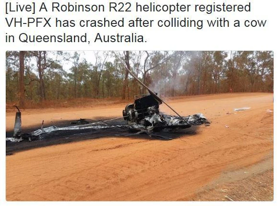 Kuvankaappaus ilmailuharrastaja Brendan Graingerin twitteristä Australian kopterionnettomuudesta.