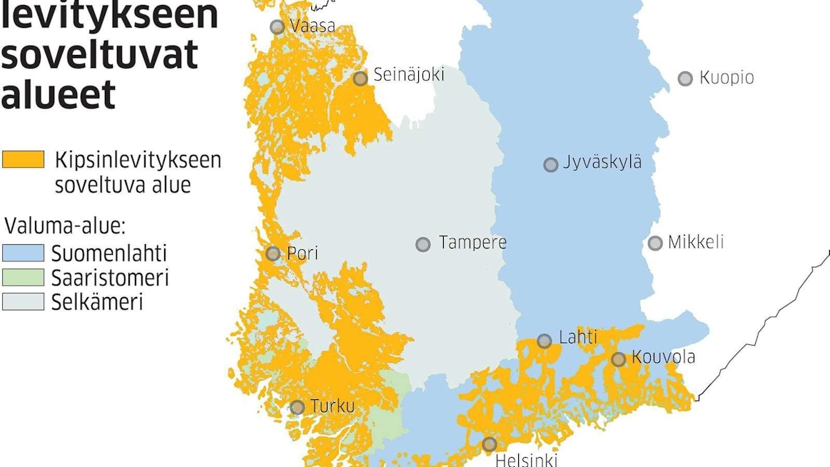 Kipsikäsittely ei sovellu läheskään kaikille pelloille. Kartan keltaisella merkityille alueille käsittely Save-hankkeessa tehdyn kartoituksen mukaan sopii.