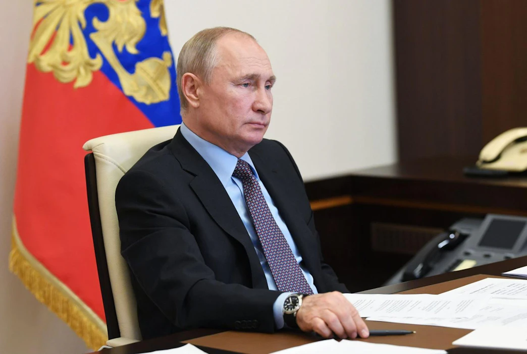 Kyseessä oli Rossija 1 -kanavan mukaan ensimmäinen Putinin haastattelu sitten pandemian alun. LEHTIKUVA/AFP