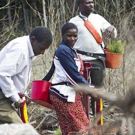 Tansanialaiset Francis Lyungu (vas.), Yustina Malekela ja Laurent Mfugale harjoittelivat toukokuussa pottiputkella istuttamista. Heidän kumminaan toimii Päijät-Hämeen mhy. Kari Salonen