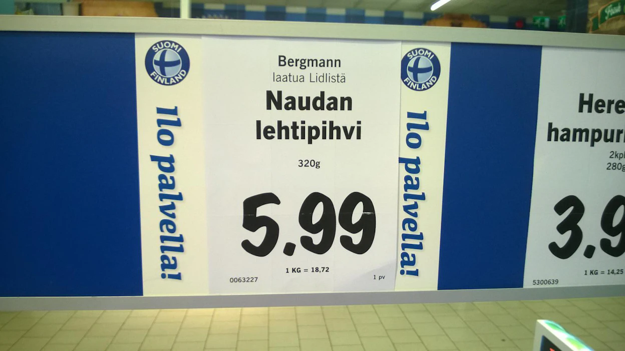 Keväällä Suomen lippu komeili Lidlin myymälässä saksalaista alkuperää olevan naudanlihan hintalapun molemmin puolin. Nyt harhaanjohtavaa markkinointia on korjattu.