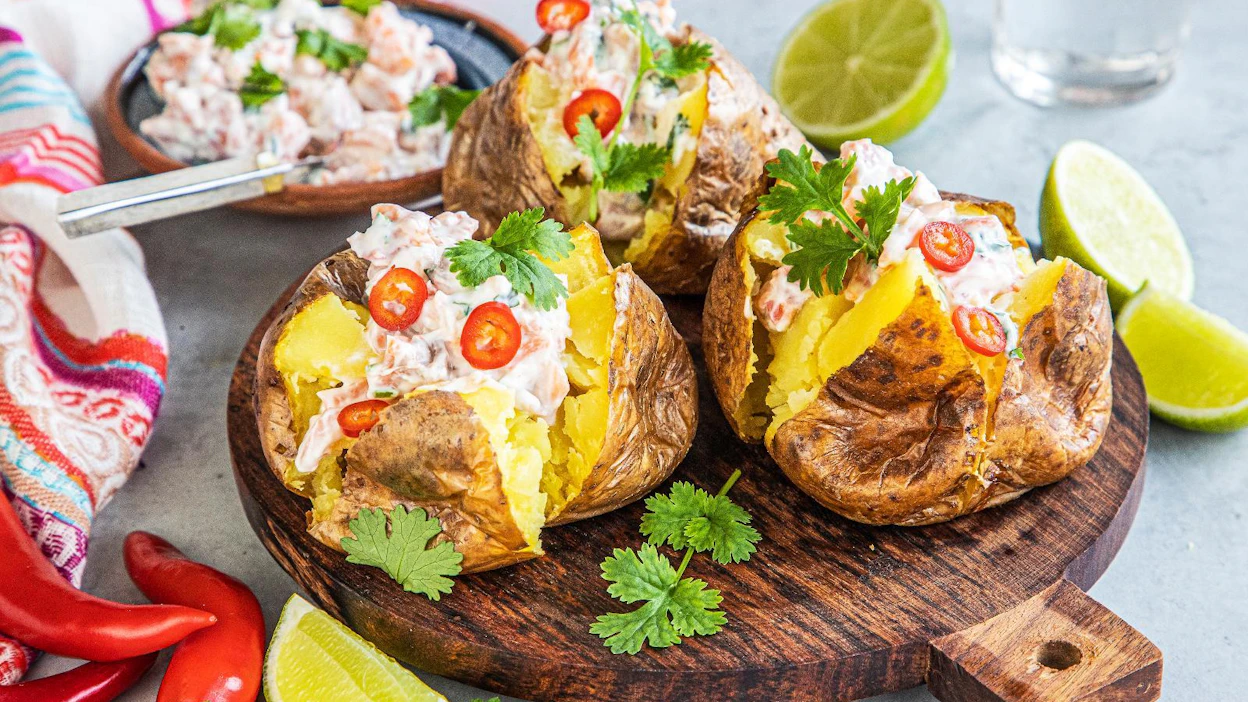 Graavilohi sujahtaa uuniperunoiden meheväksi täytteeksi. Limettikylpy, chili ja korianteri tekevät kalasta texmex-henkisen.