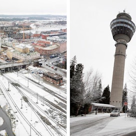 Vasemmalla näkymää Tampereelle Torni-hotellin huipulta kuvattuna. Oikealla Kuopion kuuluisa maamerkki Puijon torni.