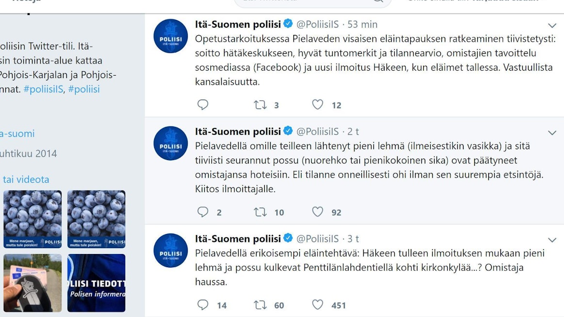 Itä-Suomen poliisi tiedotti karkuun lähteneistä eläimistä Twitteristä. Kuvakaappaus poliisin twiiteistä.