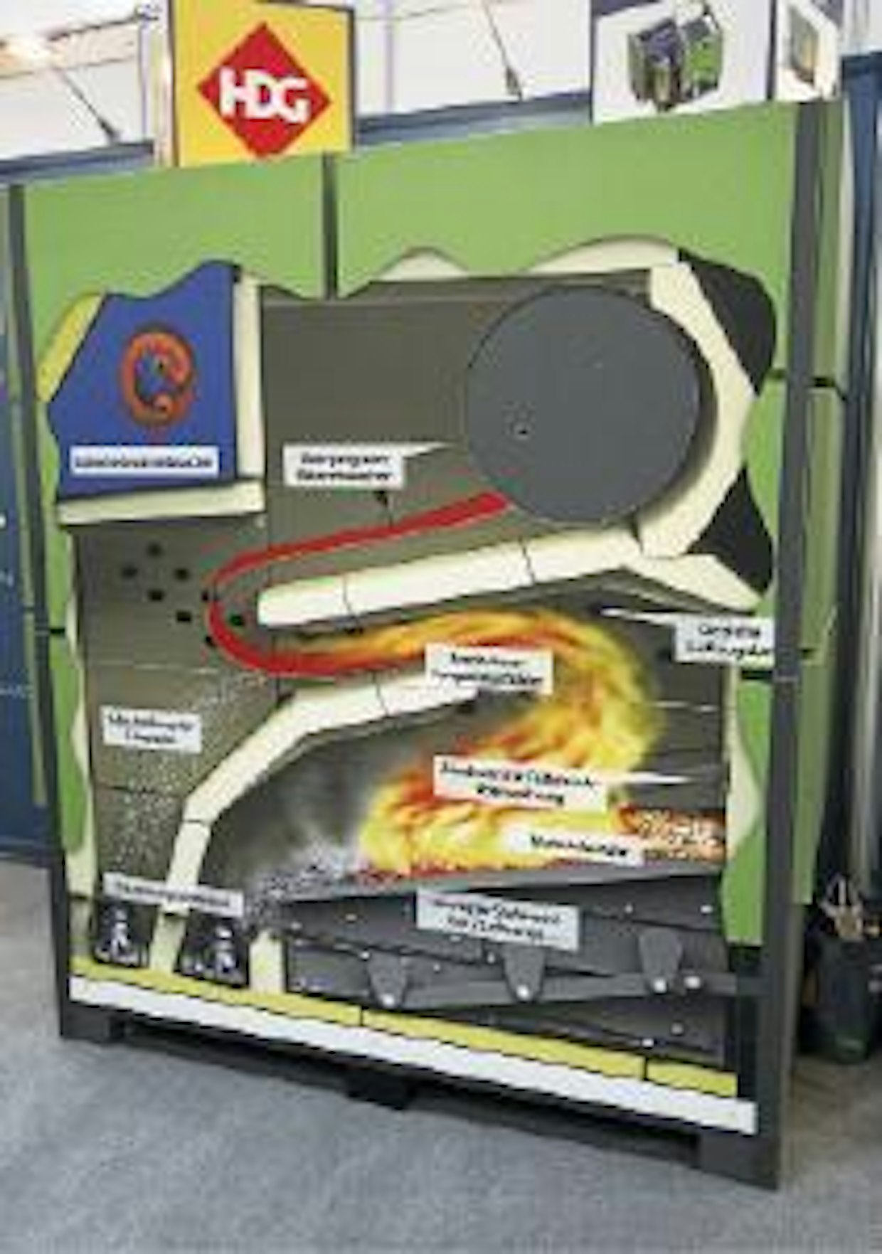 Baijerilaisvalmistaja HDG-Bavaria GmbH esitteli havainnollisesti M300-lämmityslaitteistoaan. Polttoaine – hake tai pelletti – poltetaan porrasarinalla, ja lämpö otetaan talteen laajalla lämmönvaihdinosalla, joka jää tulipesän taakse. Tuhkanpoisto ja palokanavien nuohous on luonnollisesti automatisoitu. Kuvan lämmityskattila säätyy tehoalueelle 90–300 kW.
