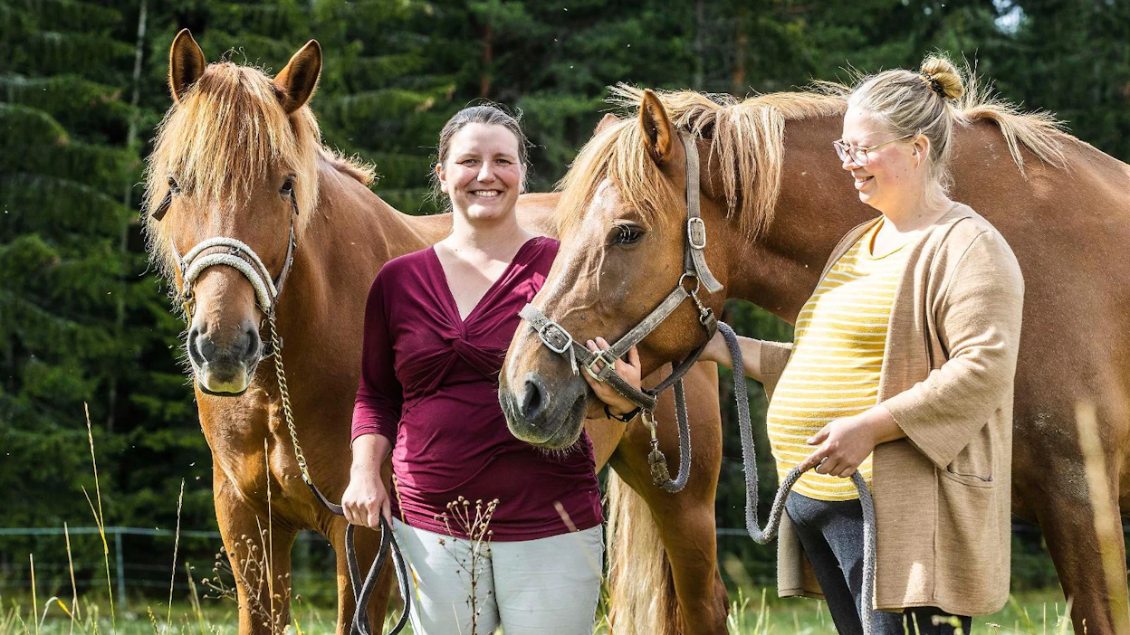 Viivi Honkimaan (vas.) ja Johanna Mäkelän mielestä suomenhevosessa on sitä jotakin. Epeli Huisko (vas.) on Honkimaan lupaava kilparatsu ja Superkuu ystävysten siitostamma.