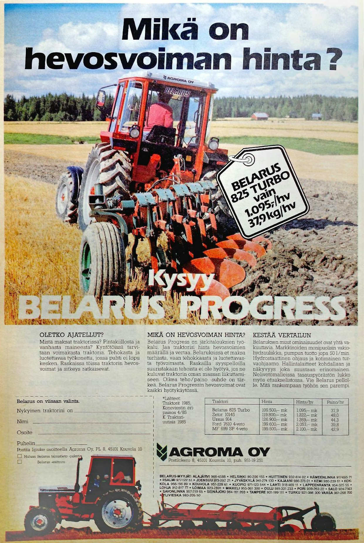 Belaruksen markkinoinnissa keksittiin vuonna 1985 vertailla Belarus 825 Turbon hevosvoiman hintaa eräisiin muihin markkinoilla olleisiin traktorimalleihin. Belarus 825 Turbon hinta oli 109 500 mk ja hevosvoiman hinnaksi tuli 1 095 mk. Tämä Ilmoitus on julkaistu Koneviestissä 17/1985.