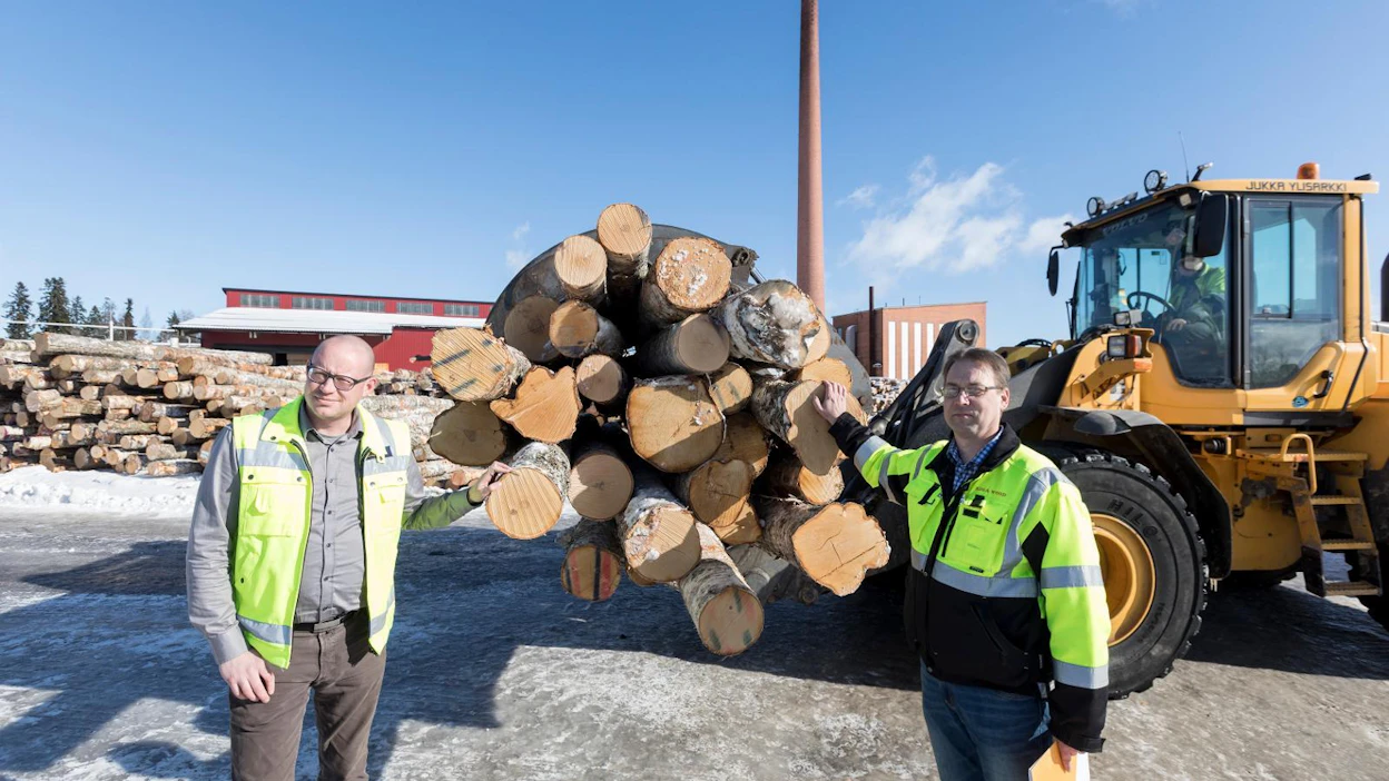 Timo Uotila (oikealla) ja tehtaanjohtaja Jaakko Aarniveräjä tarvitsevat jatkossa lisää koivutukkeja Sastamalan vaneritehtaalle.