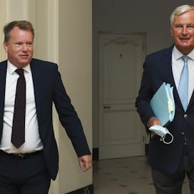 Euroopan unionin pääneuvottelija Michel Barnier (oik.) aikoo tavata brittikollegansa David Frostin (vas.). LEHTIKUVA/AFP