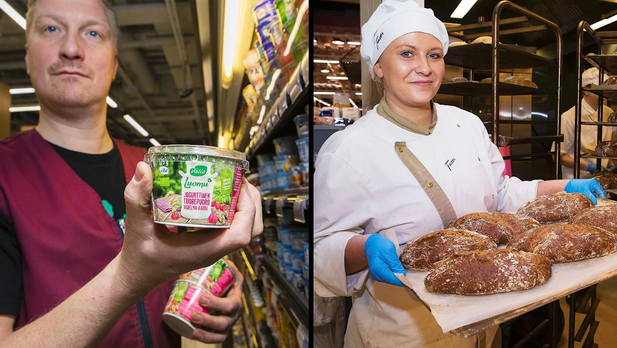 Luomumaito vetää, luomuleipä ei. Matti Honkala esitteli Helsingin Kampin K-supermarketissa torstaina valikoimasta poimimaansa Valion jogurttista tuorepuuroa. Kaupan yhteydessä sijaitsevassa Fazerin leipomossa ei samaan aikaan ollut tekeillä yhtäkään luomuleipää, kiertävä leipuri Joanna Laaksonen kertoi.