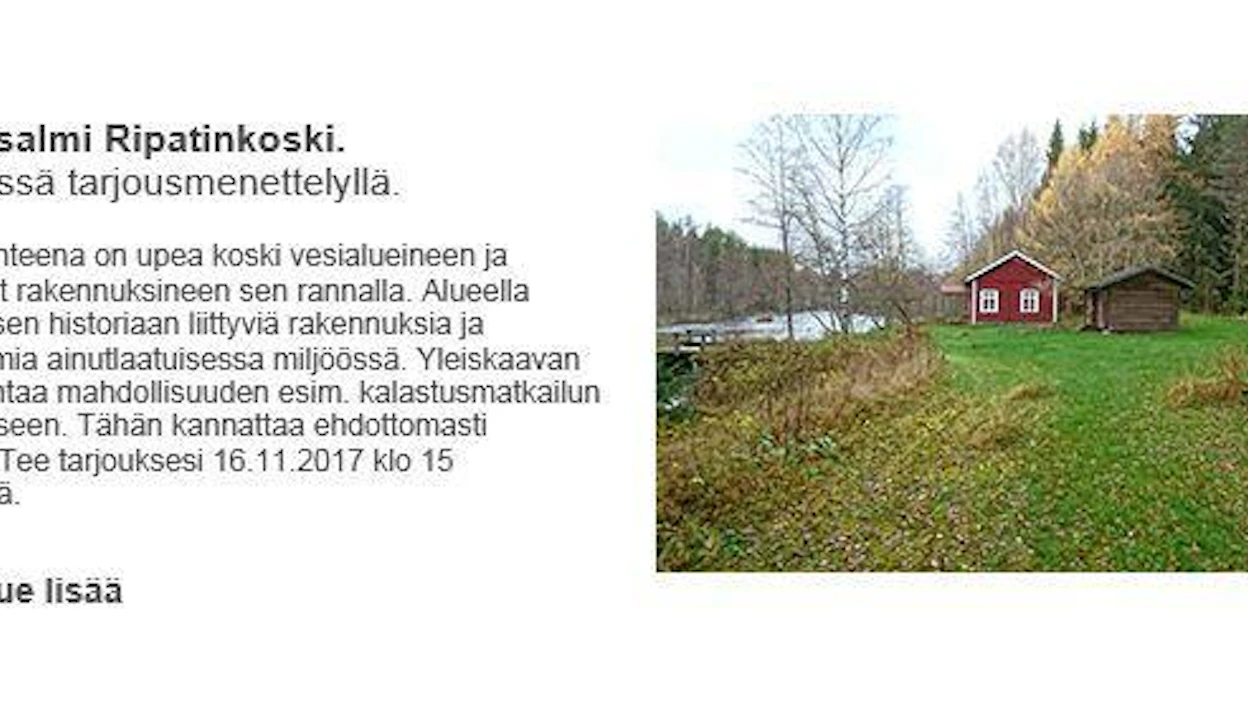 Myynti-ilmoituksessa todetaan, että koski sopii esimerkiksi kalastusmatkailuliiketoimintaan. Kuvakaappaus UPM:n tiedotteesta.