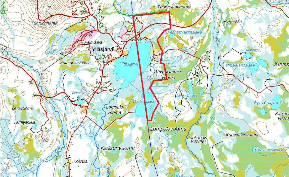 Kittilän kunnasta Kolarin kuntaan siirrettäväksi suunniteltu alue on rajattu kartalle punaisella viivalla. Rajaus on tehty suuntaa antavasti ja kiinteistöjen rajojen mukaisesti.