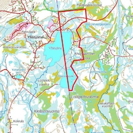 Kittilän kunnasta Kolarin kuntaan siirrettäväksi suunniteltu alue on rajattu kartalle punaisella viivalla. Rajaus on tehty suuntaa antavasti ja kiinteistöjen rajojen mukaisesti.