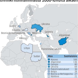 Lähes 700 suomalaista on osallistunut 70:een siviilikriisinhallinnan operaatioon 40 eri maassa. Belgia ja Itävalta ovat yleisimpien maiden joukossa, koska niissä sijaitsee kansainvälisten organisaatioiden toimistoja.