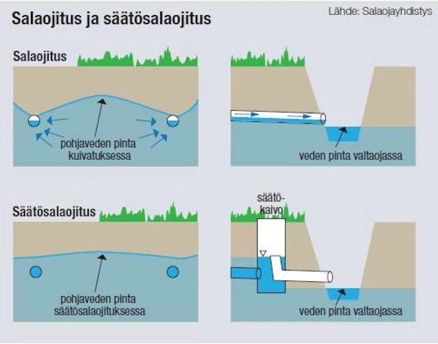 Imuojien etäisyyden ja käytettävän ojitussyvyyden yhtälö määrittää kuivavaran. Hydrologia määrittää, miten pohjaveden pinta käyttäytyy maassa – linja ei ole viivasuora! Säätösalaojituksen periaate on sama kuin ruosteisten maiden vedenalaisessa ojituksessa.