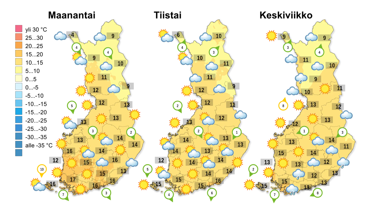 Maanantaina tulee vielä paikoin sadekuuroja, mutta muuten alkuviikon päivät ovat suuressa osassa maata poutaisia.