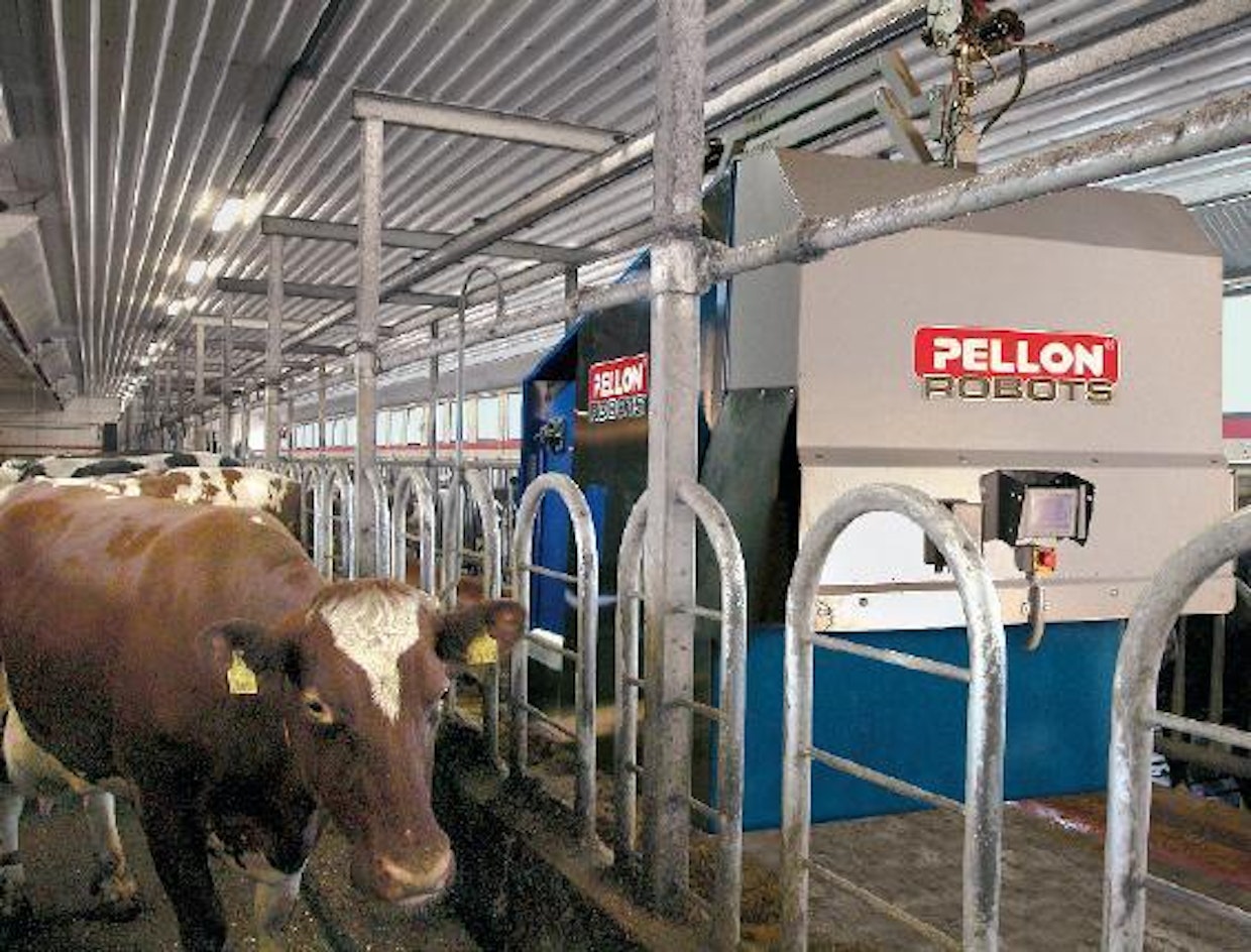 Pellon TMR-seosrehusukkula kulkee kiskoilla ja jakaa rehun ruokintapöydälle.