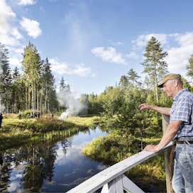 Puulajipuiston pääarkkitehti Sauvo Henttonen ja 11 vuoden työn tulos. Maisema pidetään puistomaisena heinää niittämällä ja polttamalla.