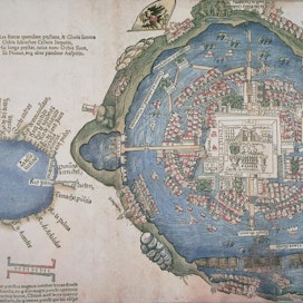 Saksassa Nürnbergissä vuonna 1524 painettu kartta atsteekkien pääkaupungista Tenochtitlánista. Kukoistuskaudellaan tekosaarille rakennetussa kaupungissa asui jopa puoli miljoonaa ihmistä.