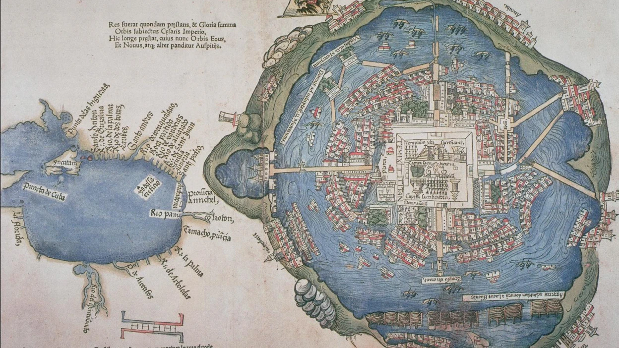 Saksassa Nürnbergissä vuonna 1524 painettu kartta atsteekkien pääkaupungista Tenochtitlánista. Kukoistuskaudellaan tekosaarille rakennetussa kaupungissa asui jopa puoli miljoonaa ihmistä.